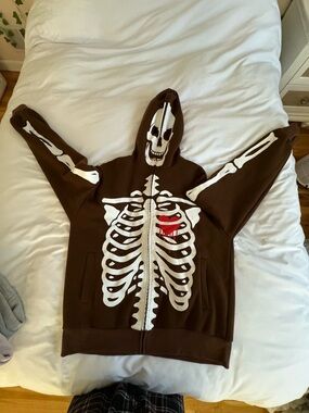 Men’s Brown Skeleton Zip-Up Hoodie with Red Heart Graphic